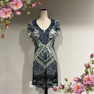 V-neck short sleeve mini tie dye casual sun dress with rhinestones and lace